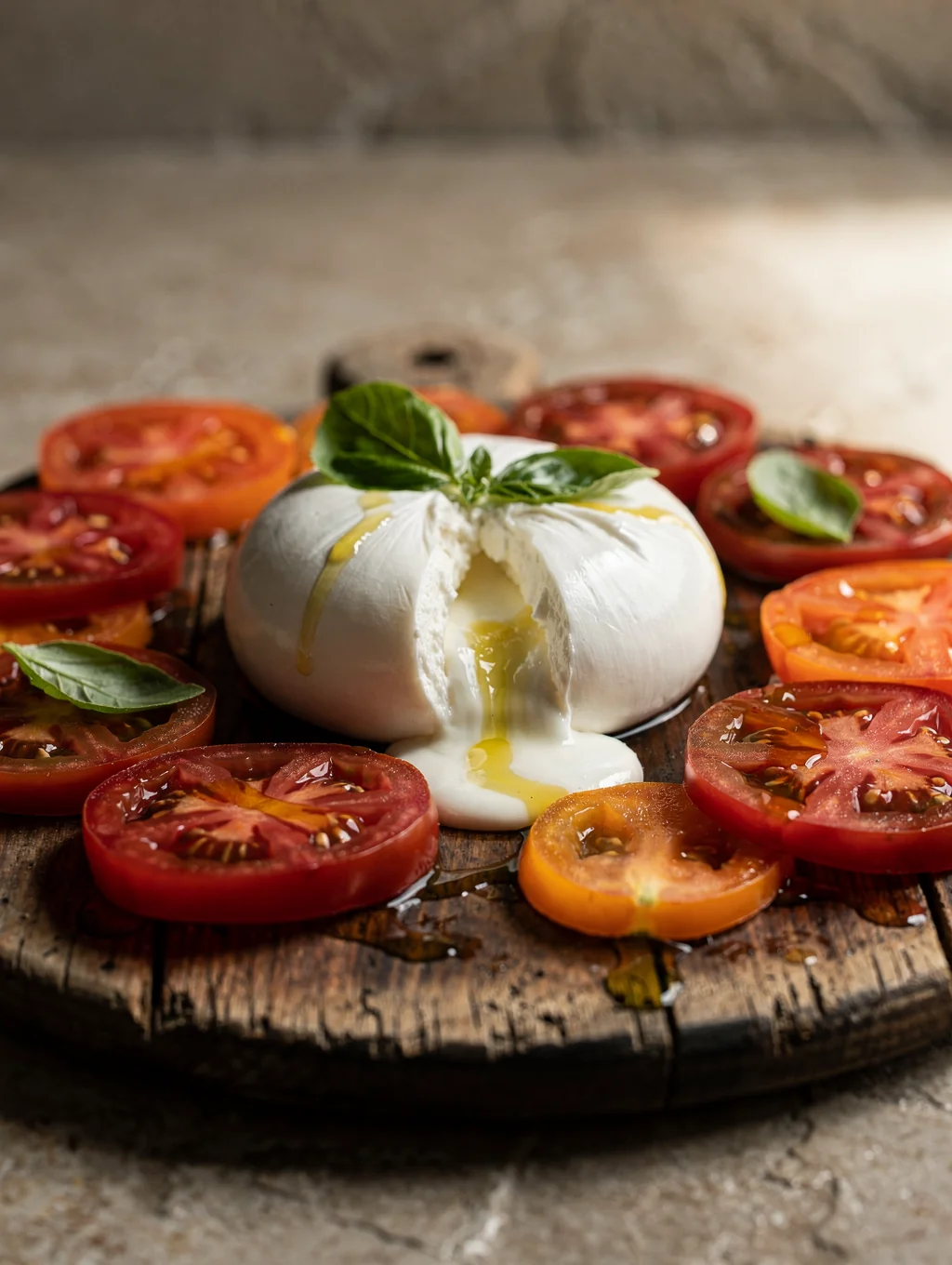 Smoked burrata with heirloom tomatoes