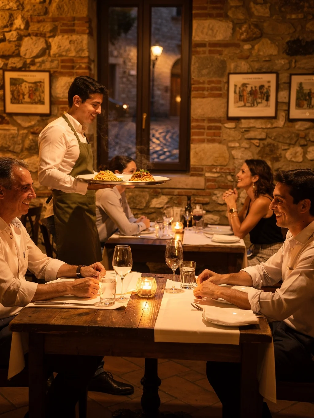 Cozy Italian dining room with warm candlelight and rustic decor