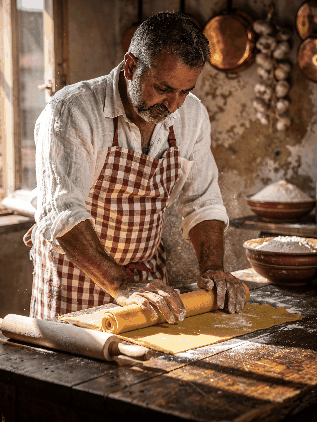 Master Pastaio Matteo Ricci dusting fresh tagliatelle with flour