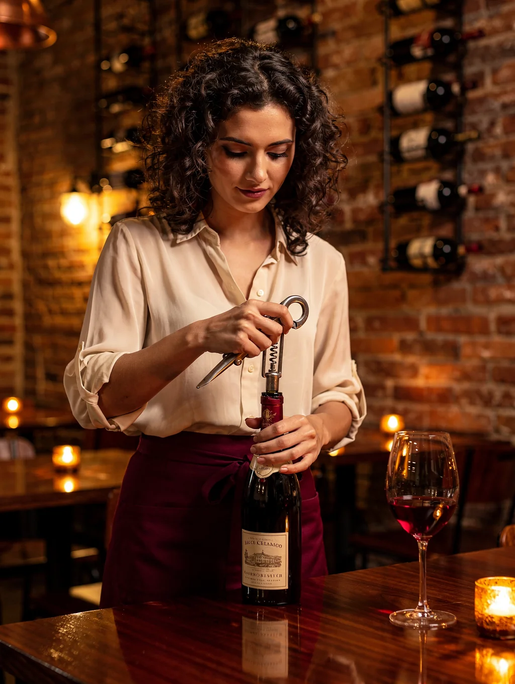 Head Sommelier Sara Bianchi selecting a vintage bottle in the cellar